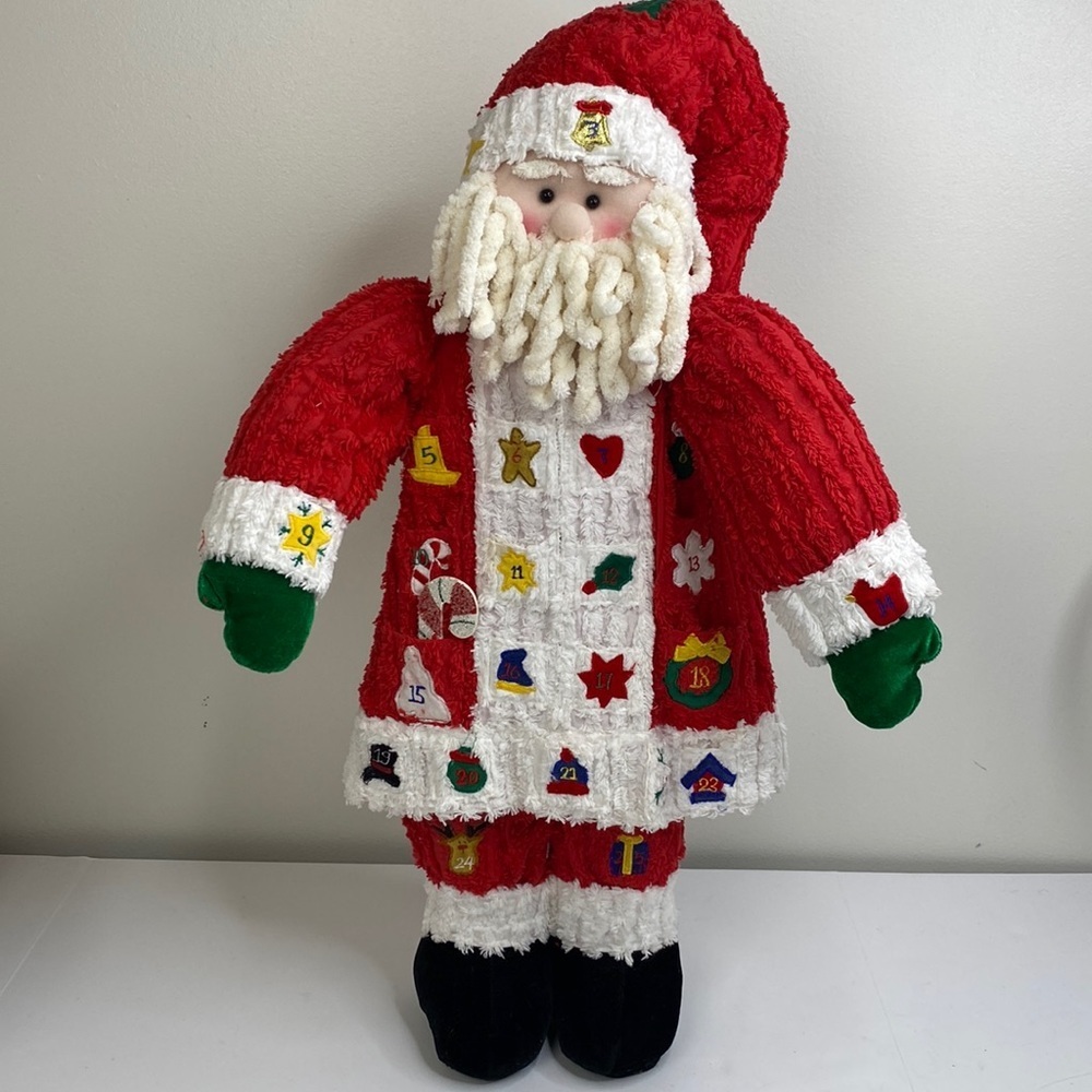 Vintage Santa Claus Advent Calendar Decoration Red‎ & White Chenille Fabric 27"